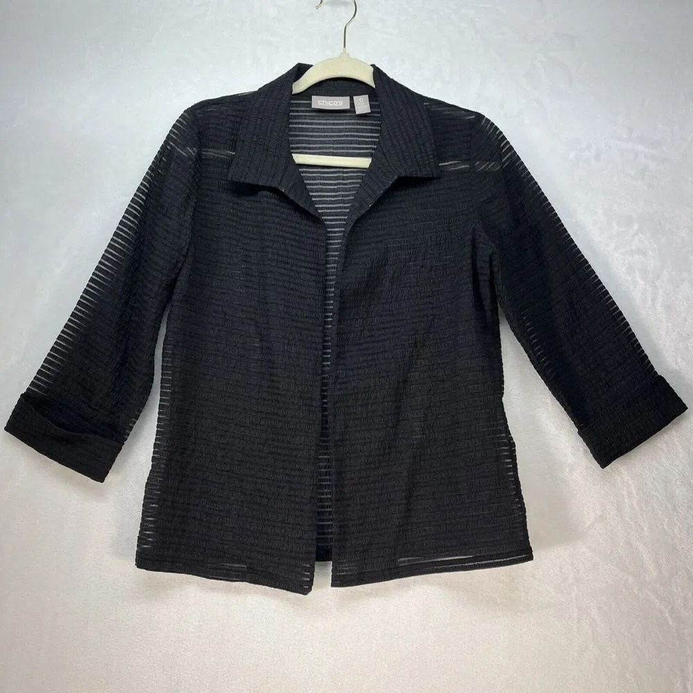 Chico’s Textured Open Front Sheer Jacket Women’s‎ Sz Small Black Classic Minimal